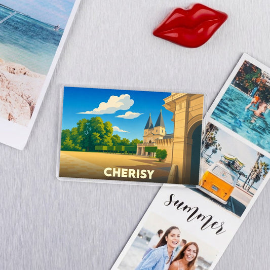 Magnet souvenir de la ville de Cherisy avec une illustration stylisée.