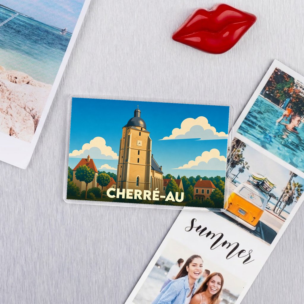 Magnet souvenir de la ville de Cherré-Au avec une illustration stylisée.