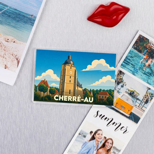 Magnet souvenir de la ville de Cherré-Au avec une illustration stylisée.