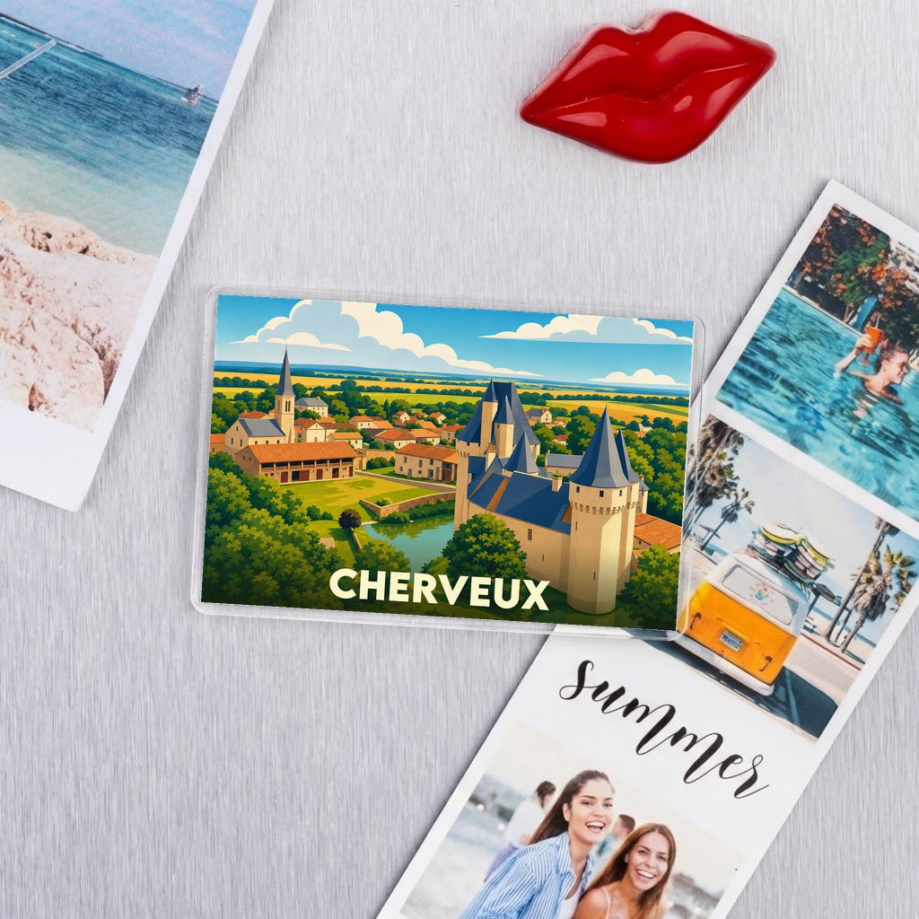 Magnat souvenir de la ville de Cherveux avec une illustration stylisée de son château.