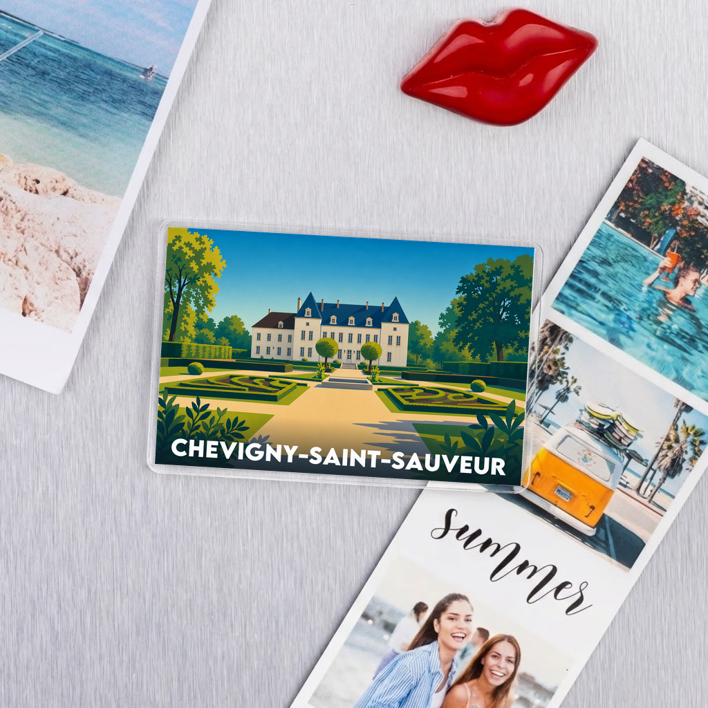 Magnet souvenir de la ville de Chevigny-Saint-Sauveur avec une illustration stylisée d'un château et de ses jardins.