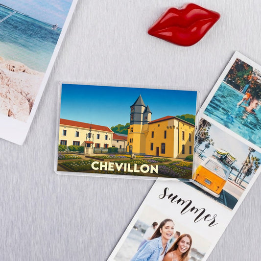 Magnet souvenir de la ville de Chevillon avec une illustration stylisée.