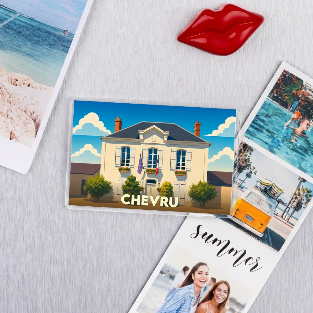 Aimant souvenir de la ville de Chevru avec une illustration stylisée de sa mairie.