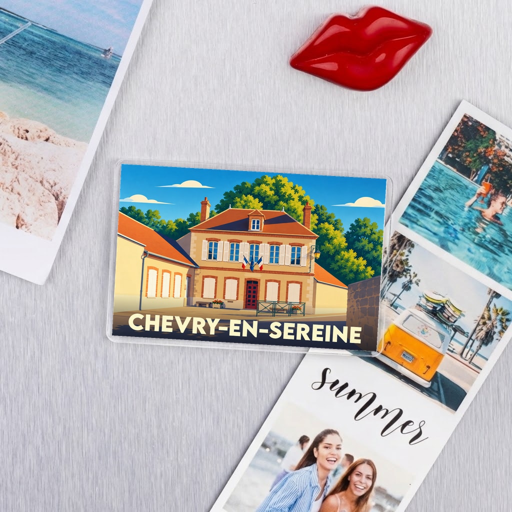 Magnet souvenir de la ville de Chevry-en-Sereine avec une illustration stylisée de sa mairie.