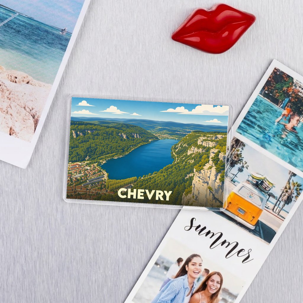 Magnet souvenir de la ville de Chevry avec une illustration stylisée d'un paysage panoramique.