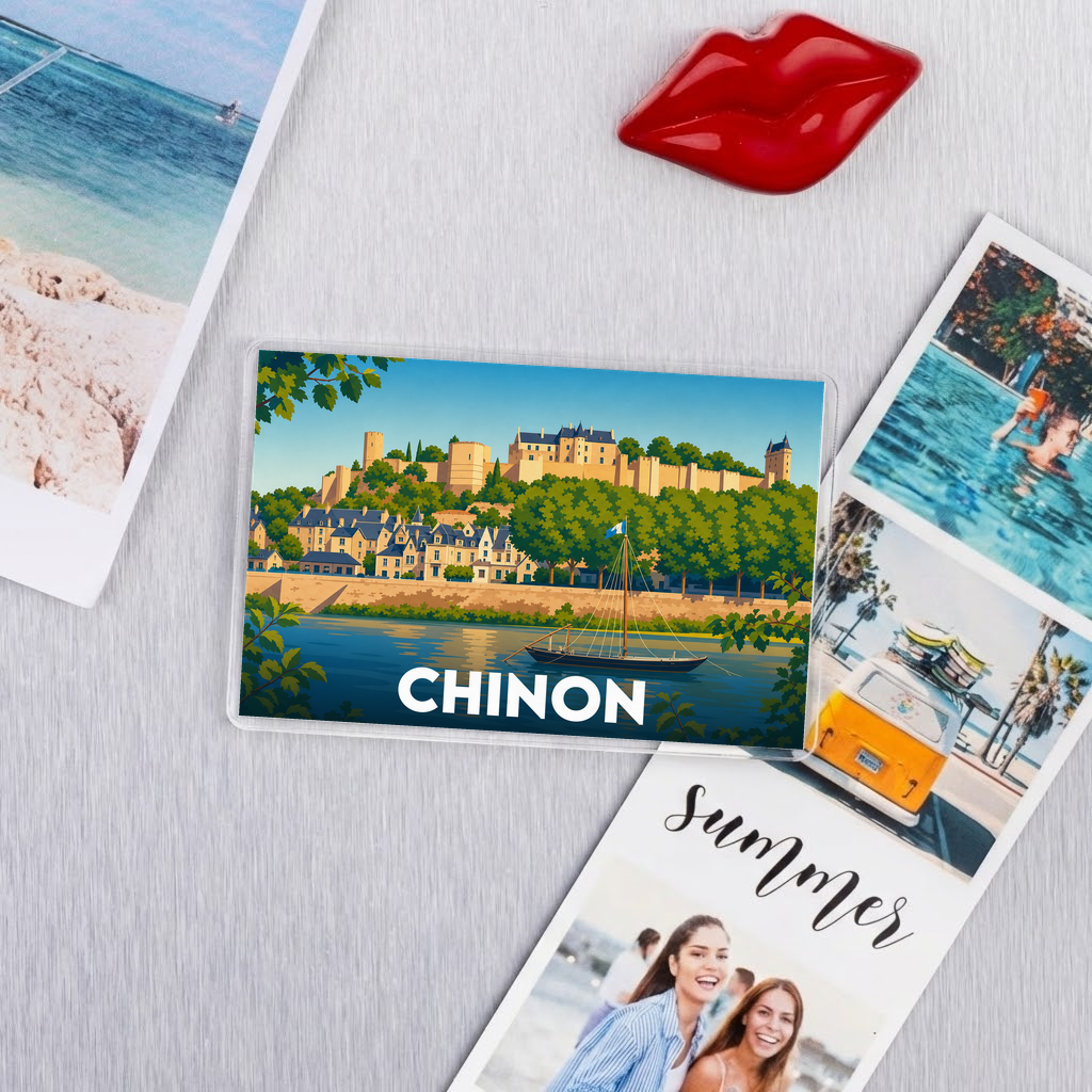 Magnet souvenir de la ville de Chinon avec une illustration stylisée du château et de la rivière.