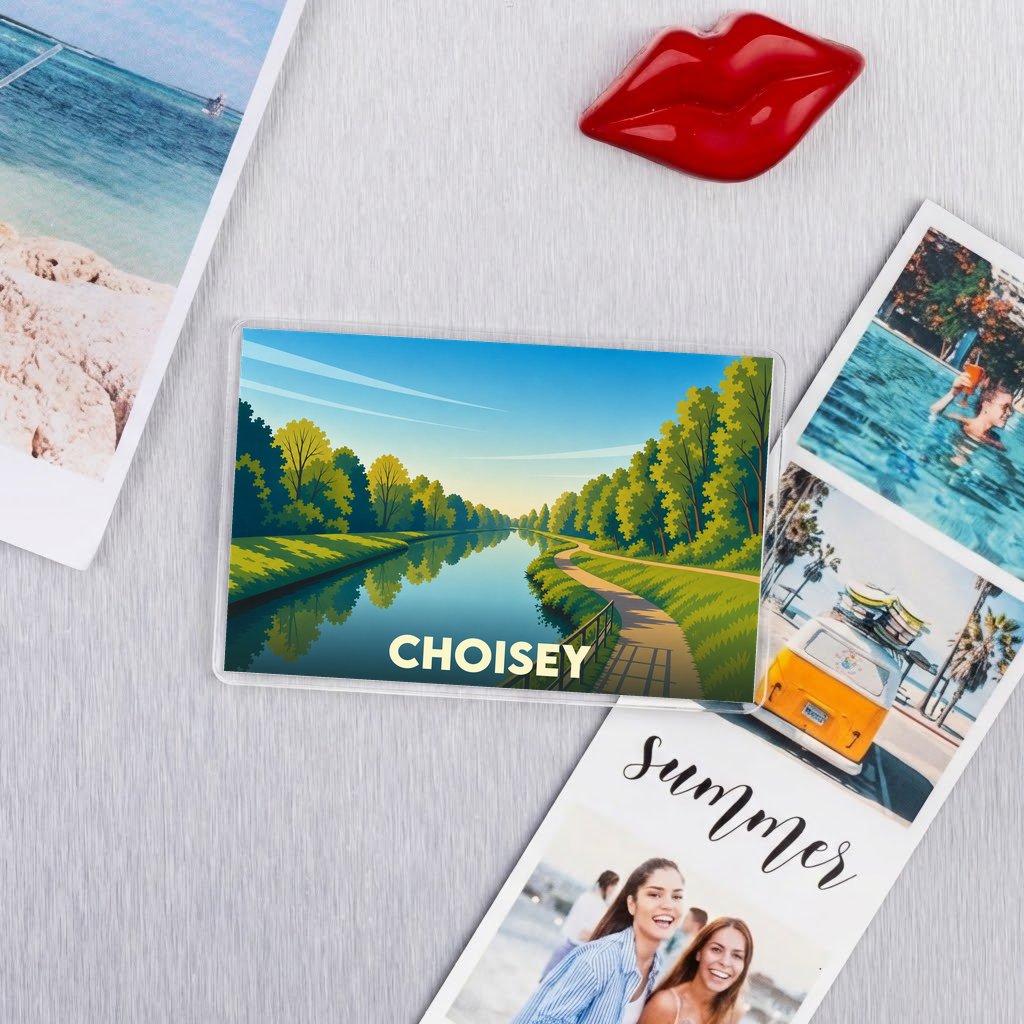 Magnet souvenir de la ville de Choisey avec une illustration de paysage stylisée.
