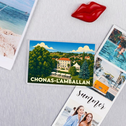 Magnet souvenir de la ville de Chonas-l'Amballan avec une illustration stylisée.