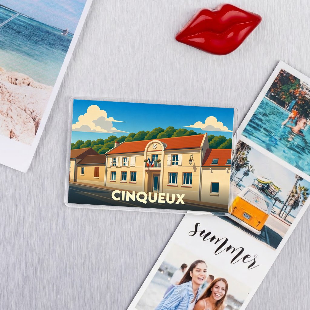 Magnet souvenir de la ville de Cinqueux avec une illustration stylisée de sa mairie.
