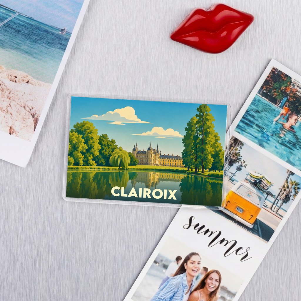 Magnet souvenir de la ville de Clairoix avec une illustration stylisée d'un château au bord de l'eau.