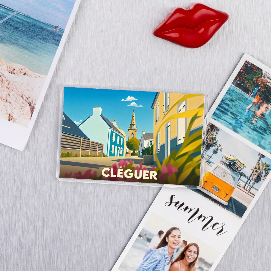 Magnet souvenir de la ville de Cléguer avec une illustration stylisée.