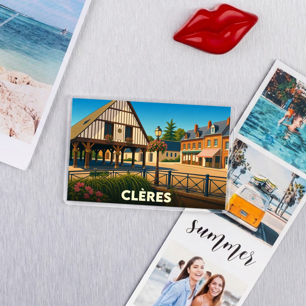 Magnet souvenir de la ville de Clères avec une illustration stylisée.