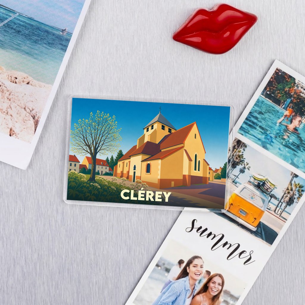 Magnet souvenir de la ville de Clérey avec une illustration stylisée de son église.