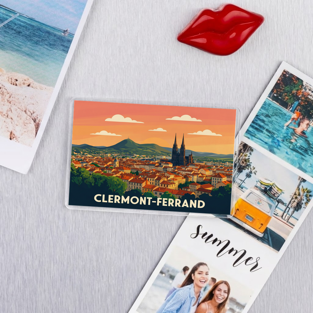 Magnet souvenir de la ville de Clermont-Ferrand avec une illustration stylisée.