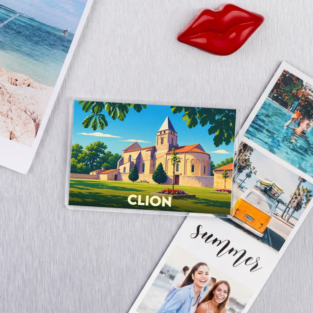 Magnet souvenir de la ville de Clion avec une illustration stylisée de son église romane.