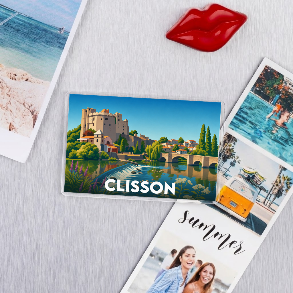 Magnet souvenir de la ville de Clisson avec une illustration stylisée de son château et de son pont.