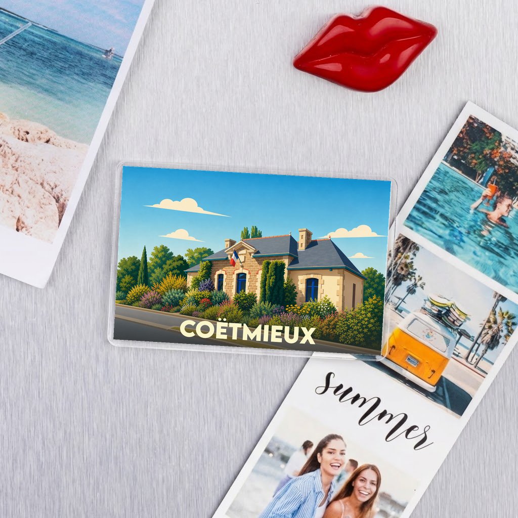 Magnet souvenir de la ville de Coëtmieux avec une illustration stylisée.