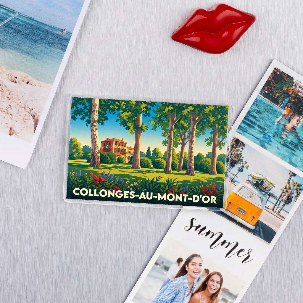 Magnet souvenir de Collonges-au-Mont-d'Or avec une illustration stylisée de la commune et de ses paysages.