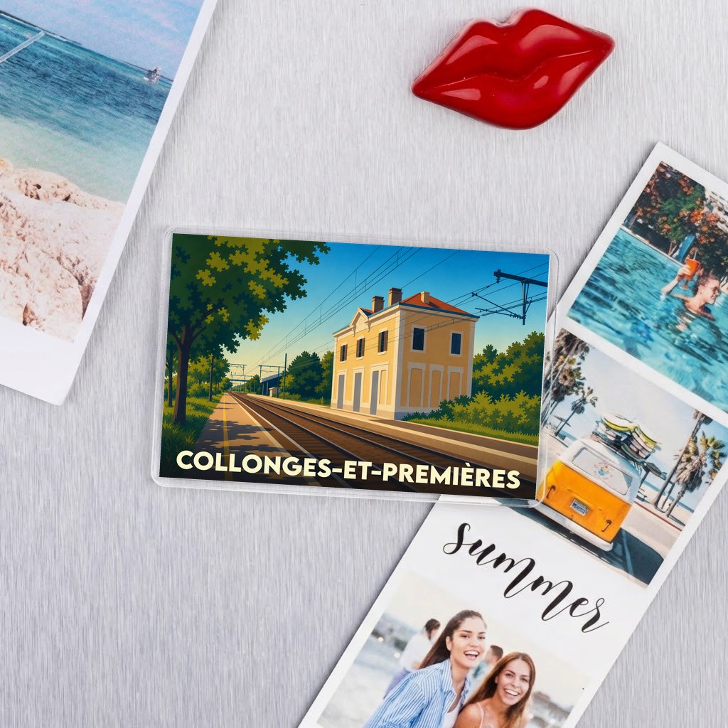 Magnet souvenir de la commune de Collonges-et-Premières avec une illustration stylisée de sa gare.