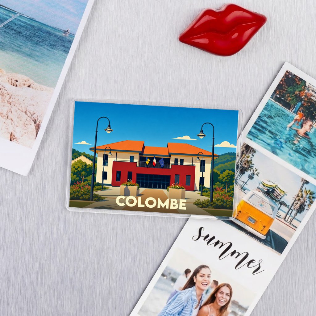 Magnet souvenir de la ville de Colombe avec une illustration stylisée de l'hôtel de ville.