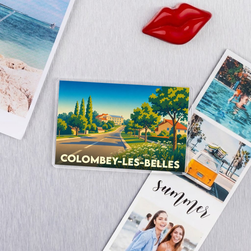 Magnet souvenir de la ville de Colombey-les-Belles avec une illustration stylisée et colorée.