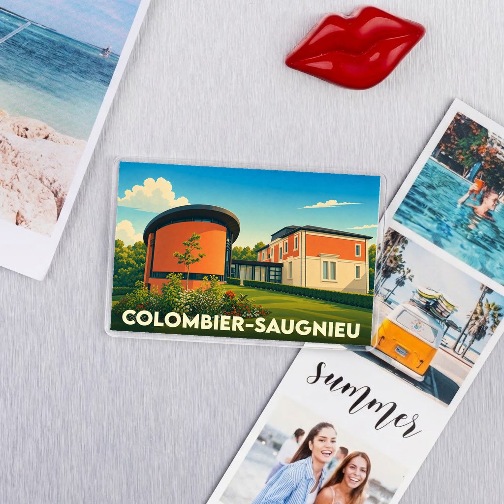 Magnet souvenir de la ville de Colombier-Saugnieu avec une illustration architecturale colorée.