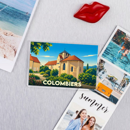 Magnet souvenir de la ville de Colombiers avec une illustration stylisée de son église romane.