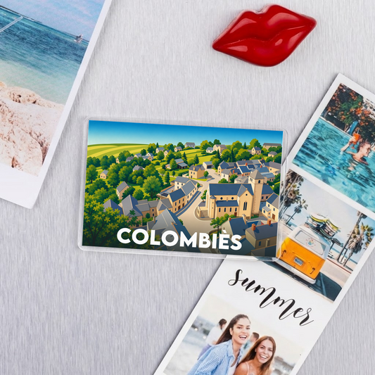 Magnet souvenir de la ville de Colombiès avec une illustration stylisée du village.