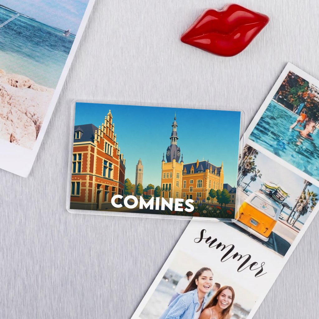 Magnet souvenir de la ville de Comines avec une illustration stylisée.