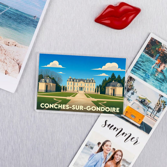 Magnet souvenir de la ville de Conches-sur-Gondoire avec une illustration stylisée de son patrimoine.