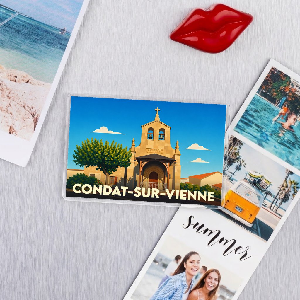 Magnet souvenir de la ville de Condat-sur-Vienne avec une illustration stylisée de son église.