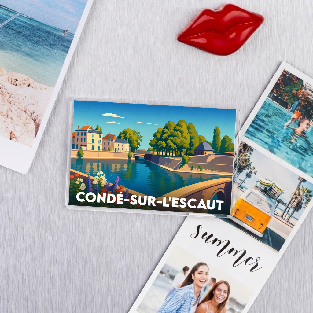 Magnétis souvenir de la ville de Condé-sur-l'Escaut avec une illustration stylisée.