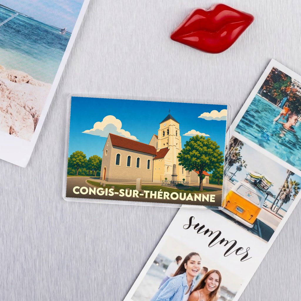 Magnet souvenir de la ville de Congis-sur-Thérouanne avec une illustration stylisée de son église.