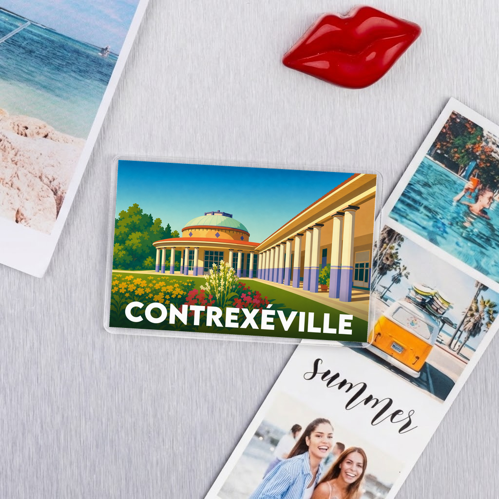 Magnet souvenir de la ville de Contrexéville avec une illustration graphique colorée de son architecture thermale.