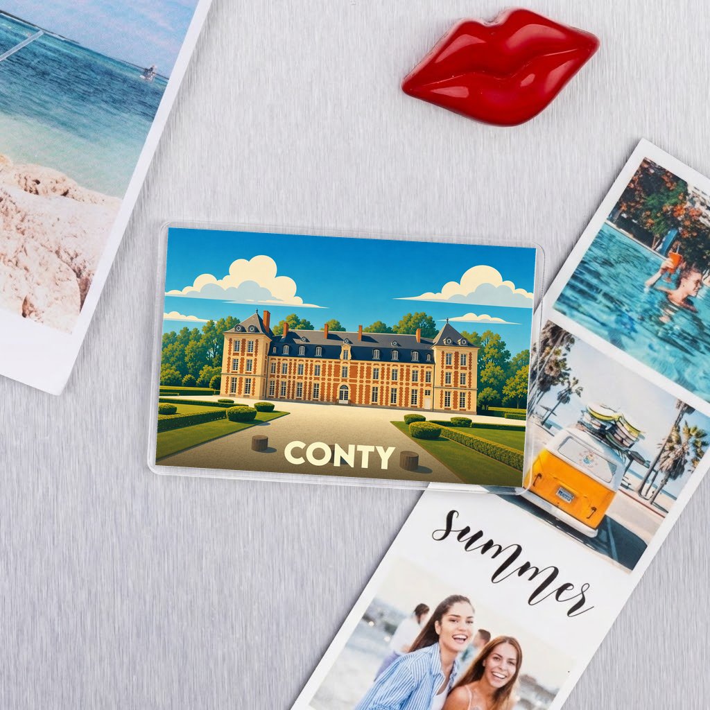 Magnet souvenir de la ville de Conty avec une illustration stylisée de son château.