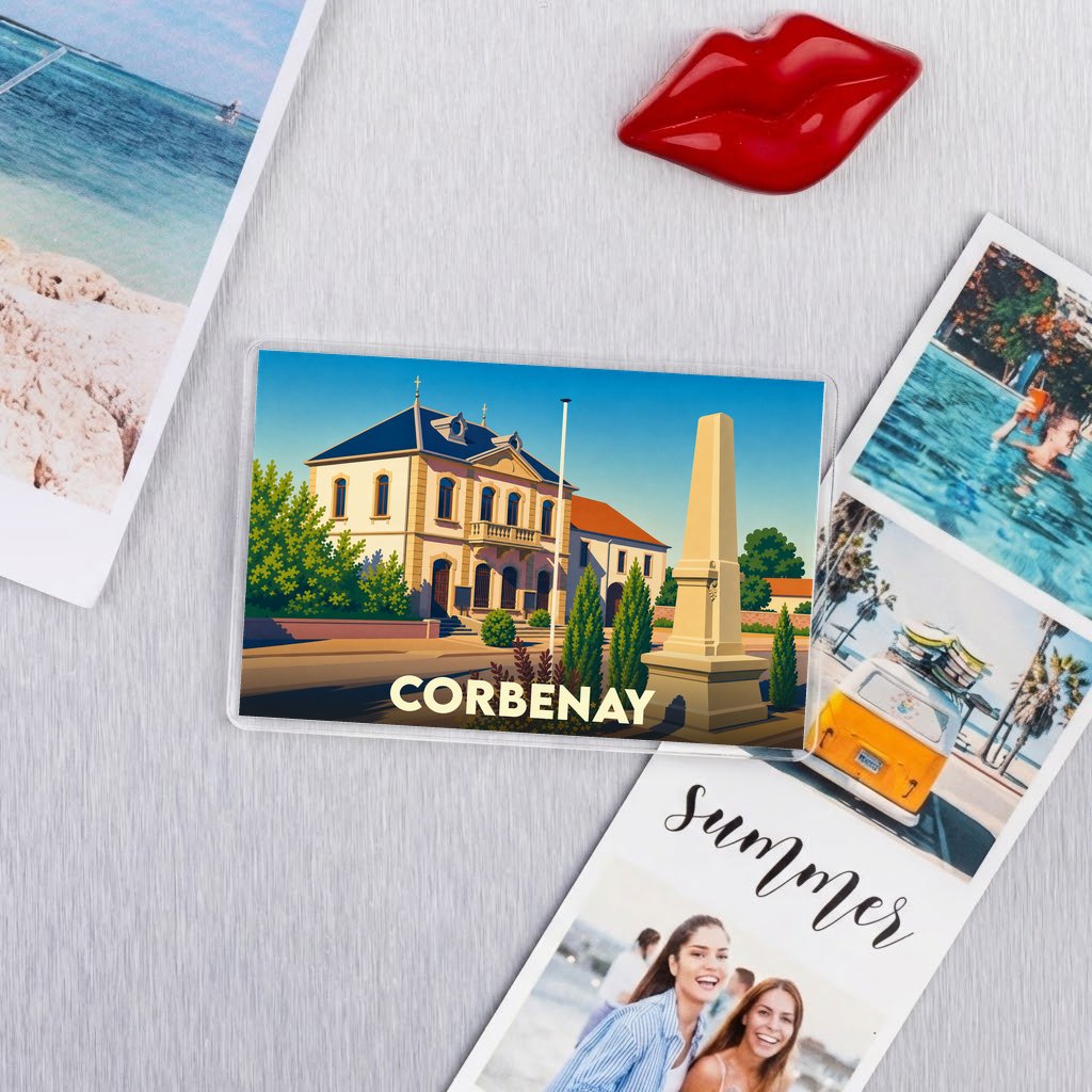 Magnet souvenir de la ville de Corbenay avec une illustration stylisée.