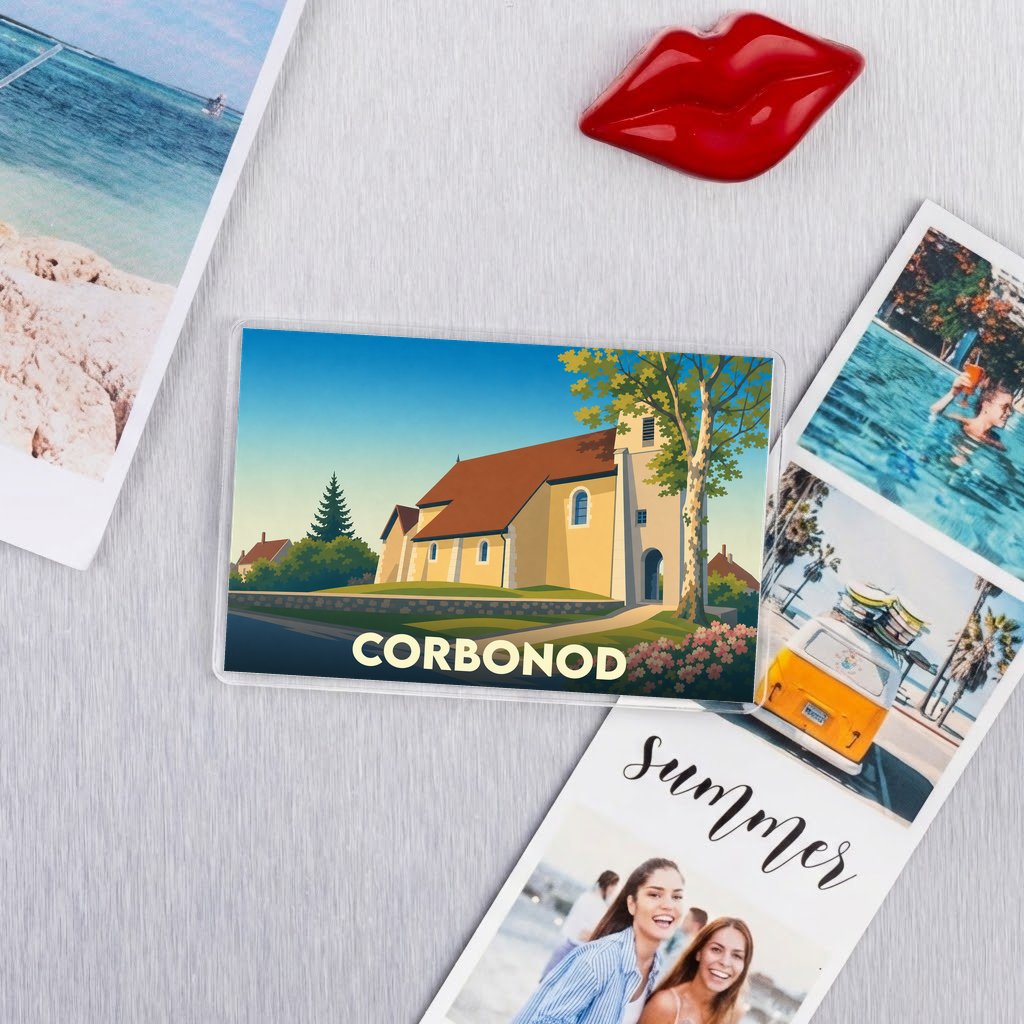 Magnet souvenir de la ville de Corbonod avec une illustration stylisée d'une église.