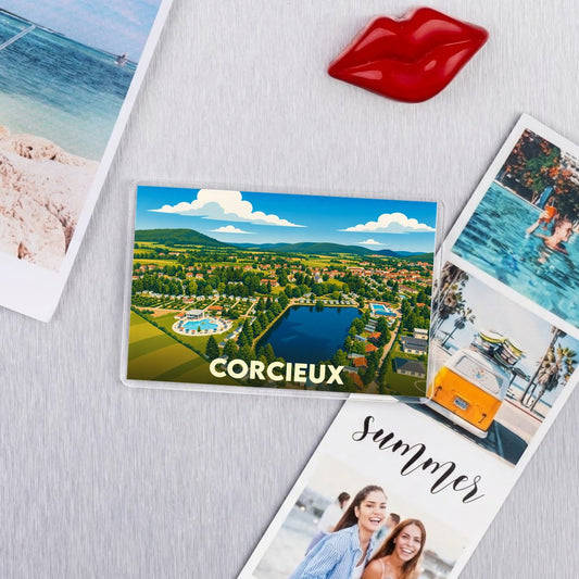 Magnet souvenir de la ville de Corcieux avec une illustration stylisée.