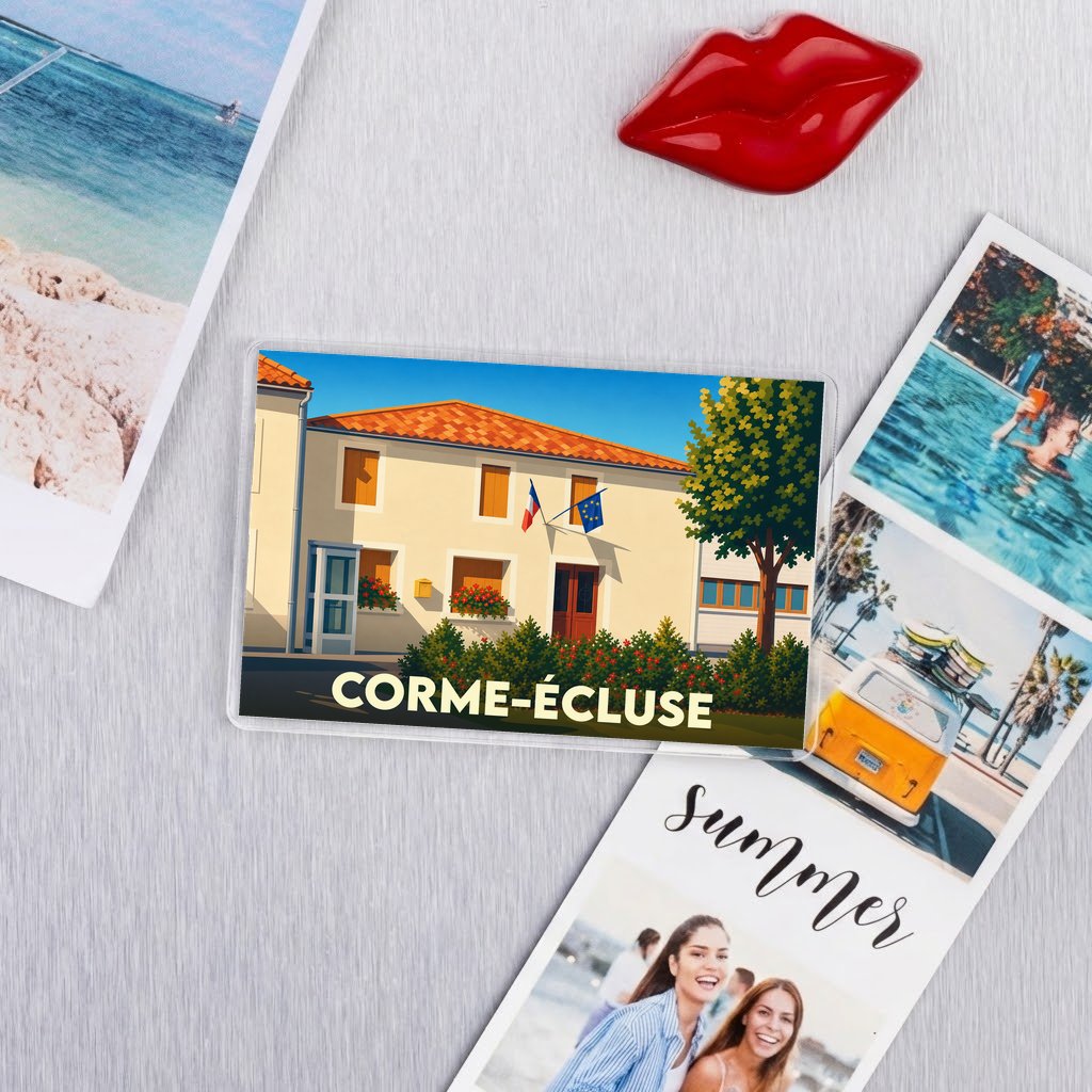 Magnet souvenir de la ville de Corme-Écluse avec une illustration stylisée de sa mairie.
