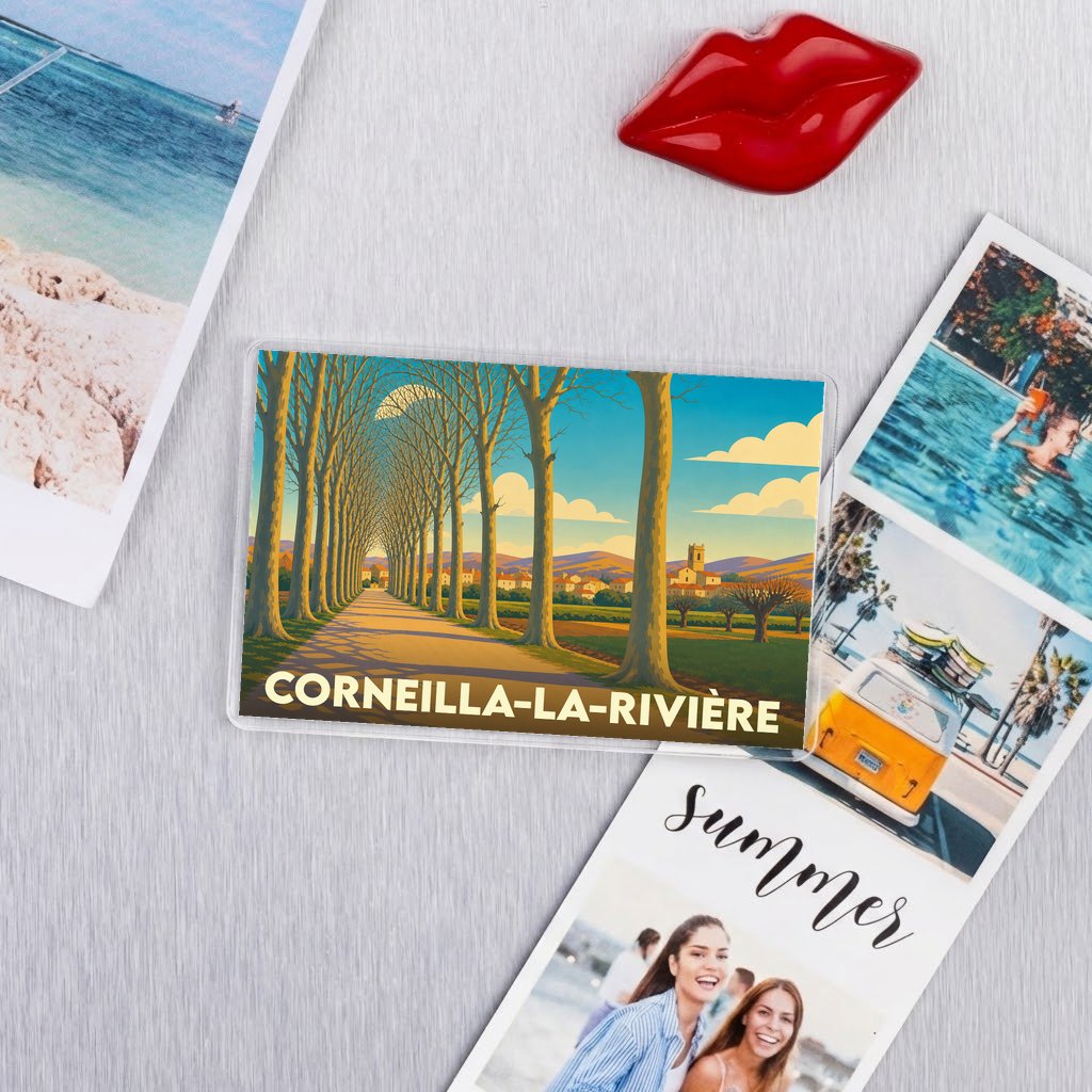 Magnet souvenir de Corneilla-la-Rivière avec une illustration stylisée d'une allée d'arbres.