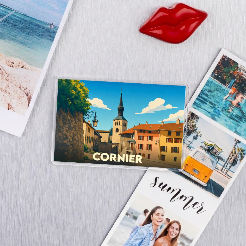Magnet souvenir de la ville de Cornier avec une illustration stylisée et colorée.