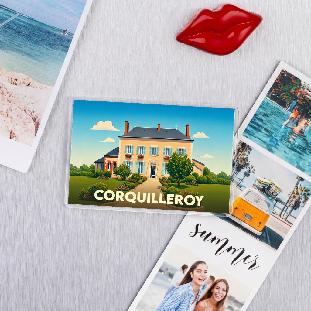 Magnet souvenir de la ville de Corquilleroy avec une illustration stylisée d'une maison de maître.