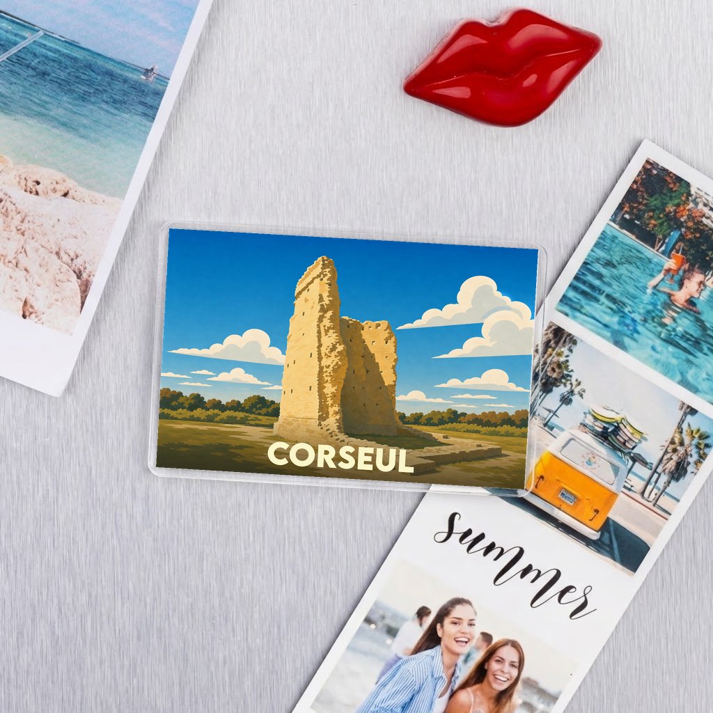 Magnet souvenir de la ville de Corseul avec une illustration stylisée de son monument antique.