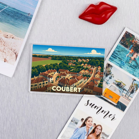 Magnet souvenir de la ville de Coubert avec une illustration stylisée.