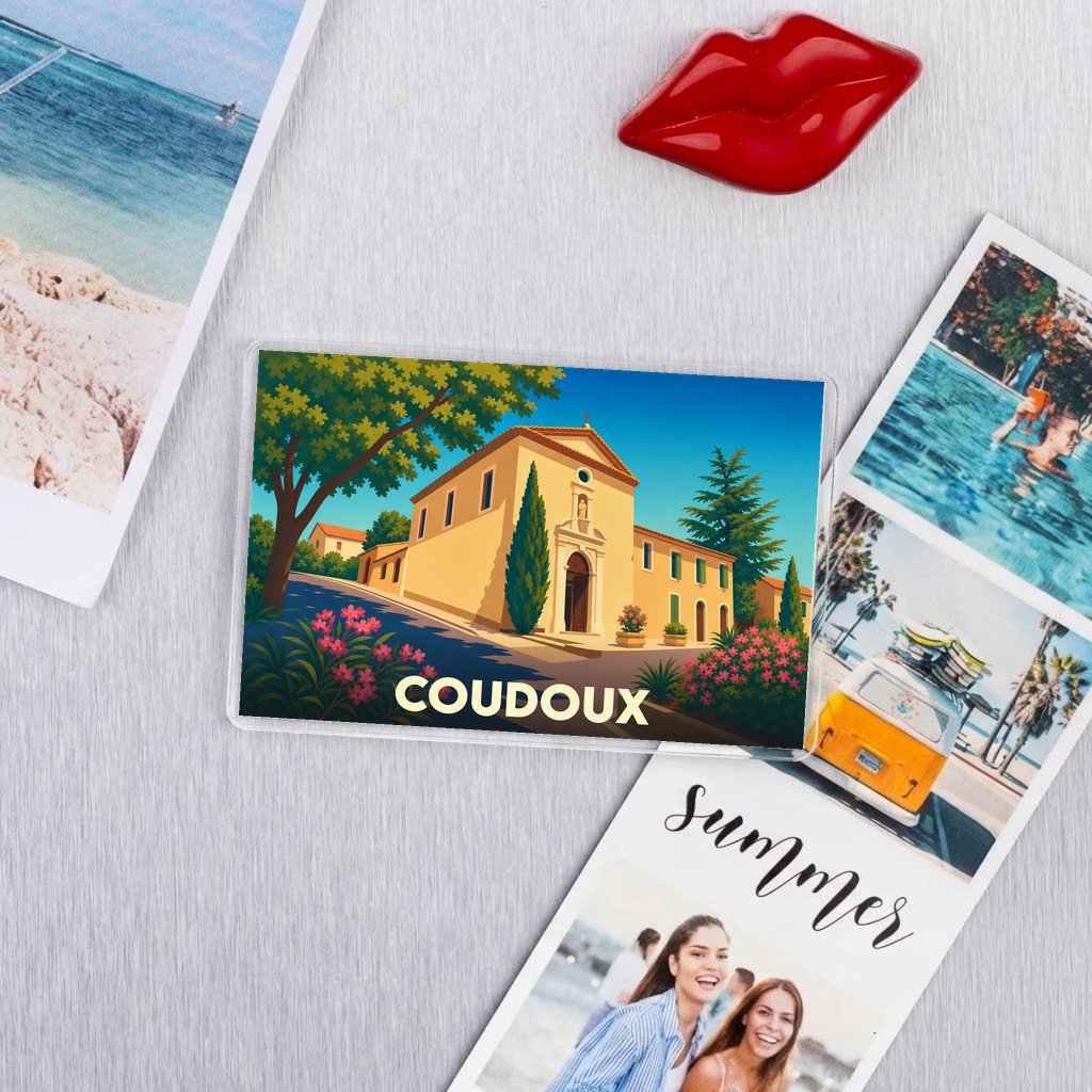 Magnet souvenir de la ville de Coudoux avec une illustration stylisée.