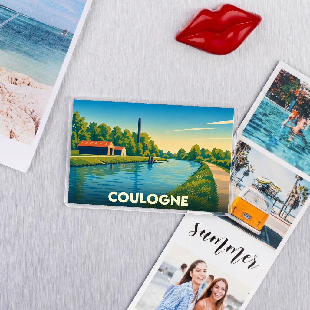 Magnet souvenir de la ville de Coulogne arborant une illustration stylisée de son canal.