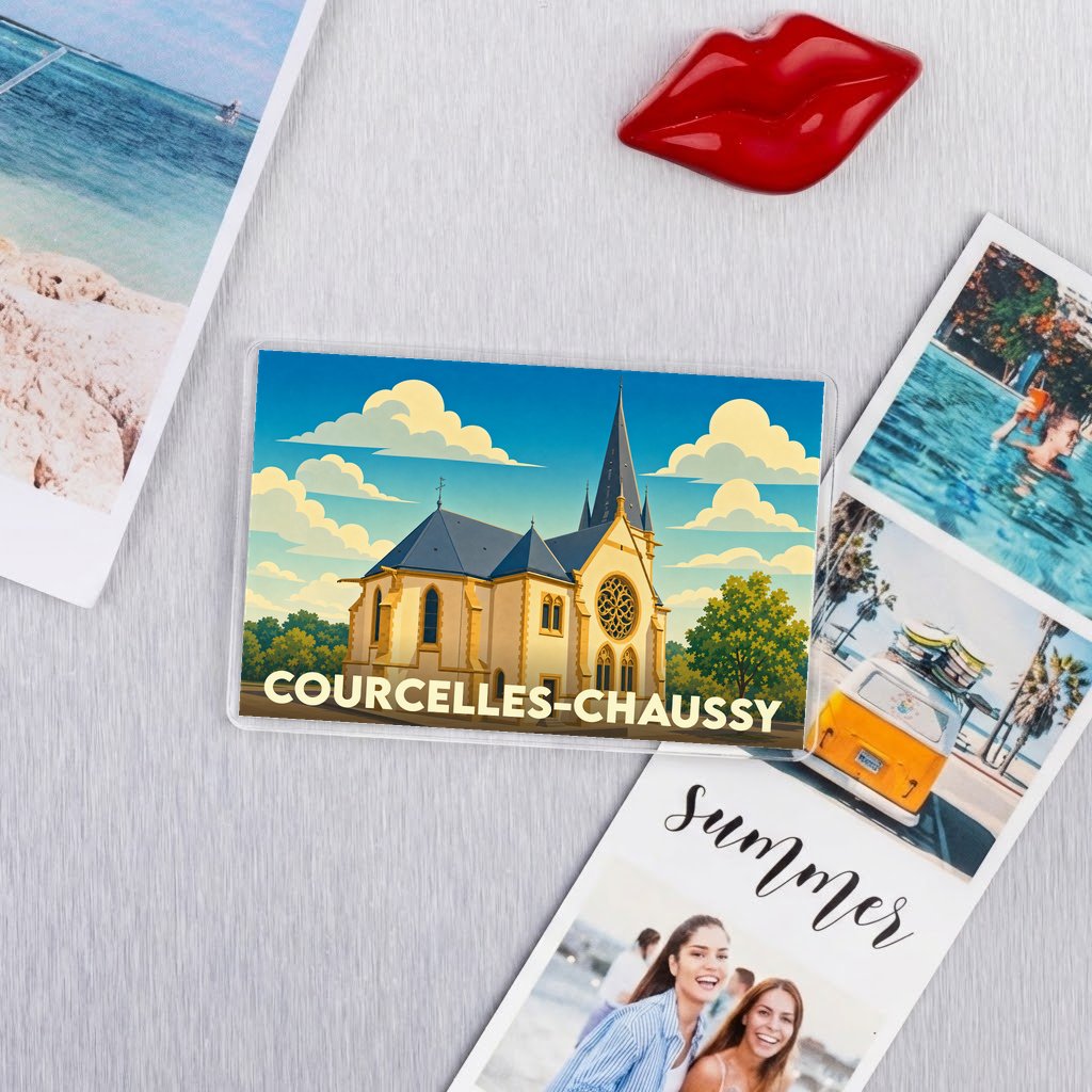 Magnet souvenir de la ville de Courcelles-Chaussy avec une illustration stylisée de son église.