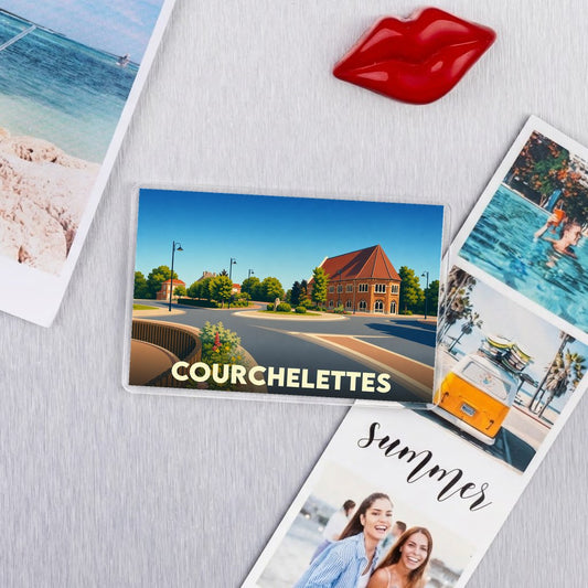 Magnet souvenir de la ville de Courchelettes avec une illustration stylisée.