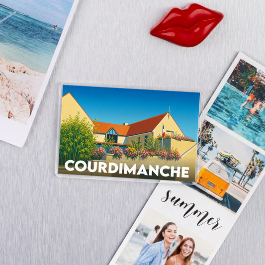 Magnet souvenir de la ville de Courdimanche avec une illustration colorée et stylisée.