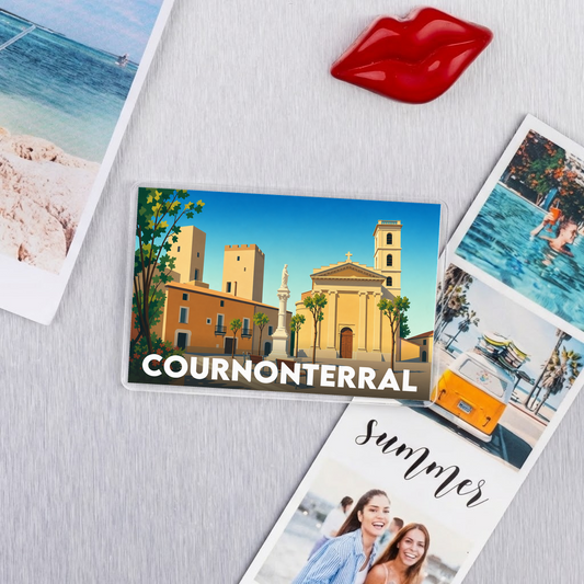 Magnet souvenir de la ville de Cournonterral avec une illustration stylisée de son architecture.